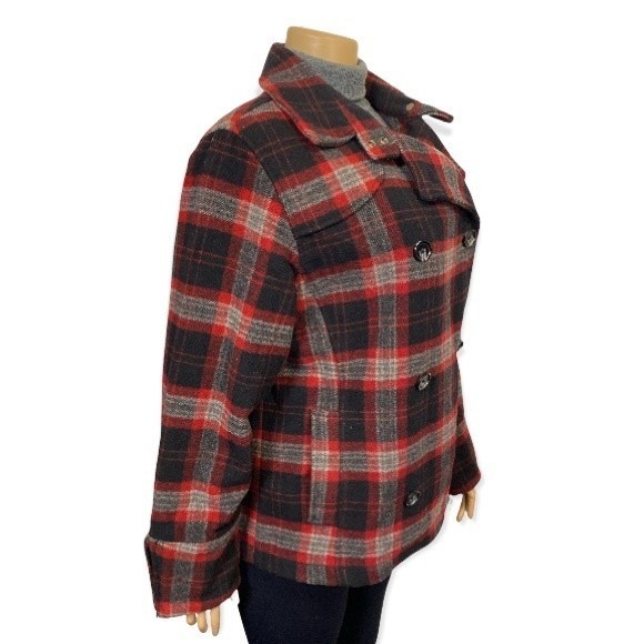 Vintage WoolRich Pea Coat Plaid Wool double breasted Burgundy Black gray size L - Picture 4 of 17